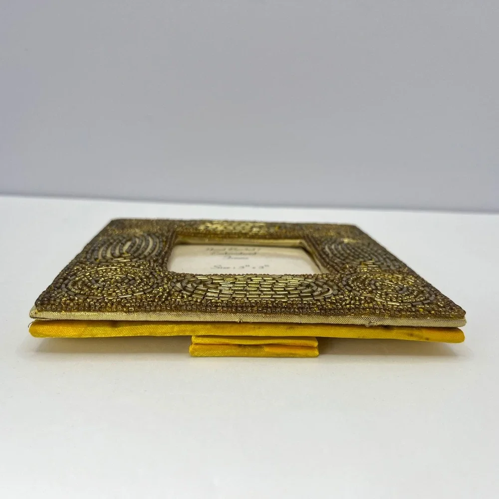 Vintage Bronze Yellow Beaded Picture Frame 3x3 Hand Embroidered India Ornate